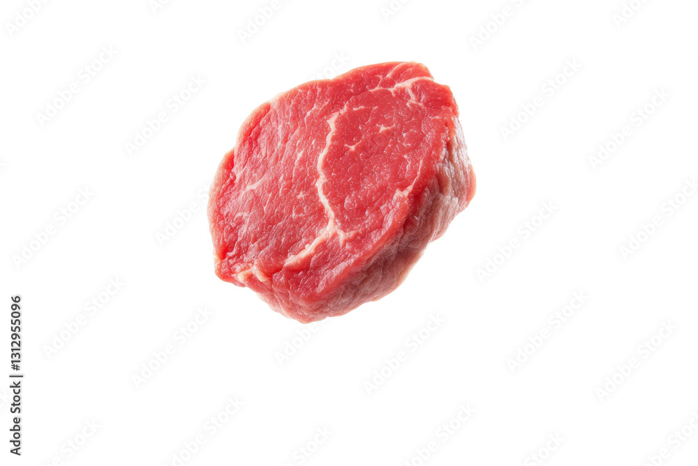 Fototapeta premium Piece of meat is shown in the air, with its juices and juices dripping down, isolated