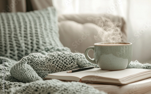 Steaming Coffee on a Cozy Knitted Blanket