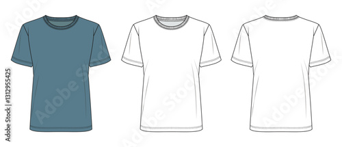 Basic Women's and Teen Girls' T-Shirt - Technical Flat Sketch with Round Neckline (Front and Back view)