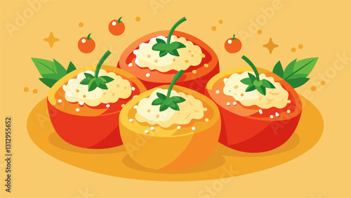 Miniature stuffed peppers overflowing with a tangy mixture of rice herbs and tomatoes.. Vector illustration