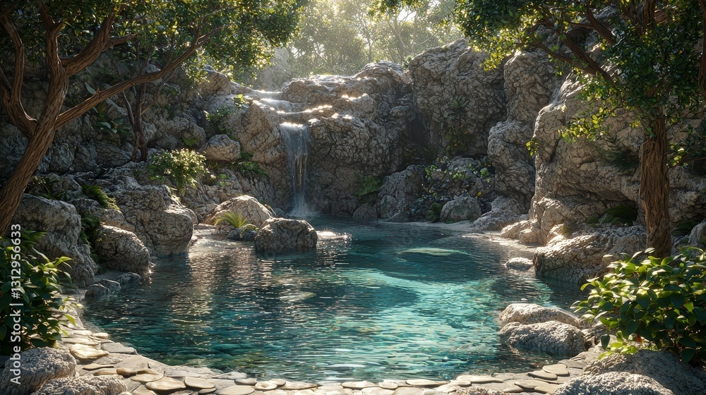 Naklejka premium Tranquil waterfall oasis serene nature retreat digital art peaceful environment close-up view gigapixel inspiration