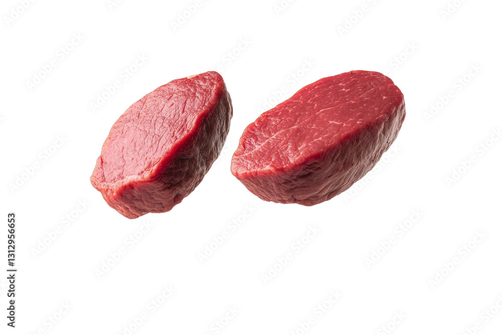 Two pieces of meat are shown in the air, one of which is cut in half, isolated Two pieces of meat are shown in the air, one of which is cut in half, isolated