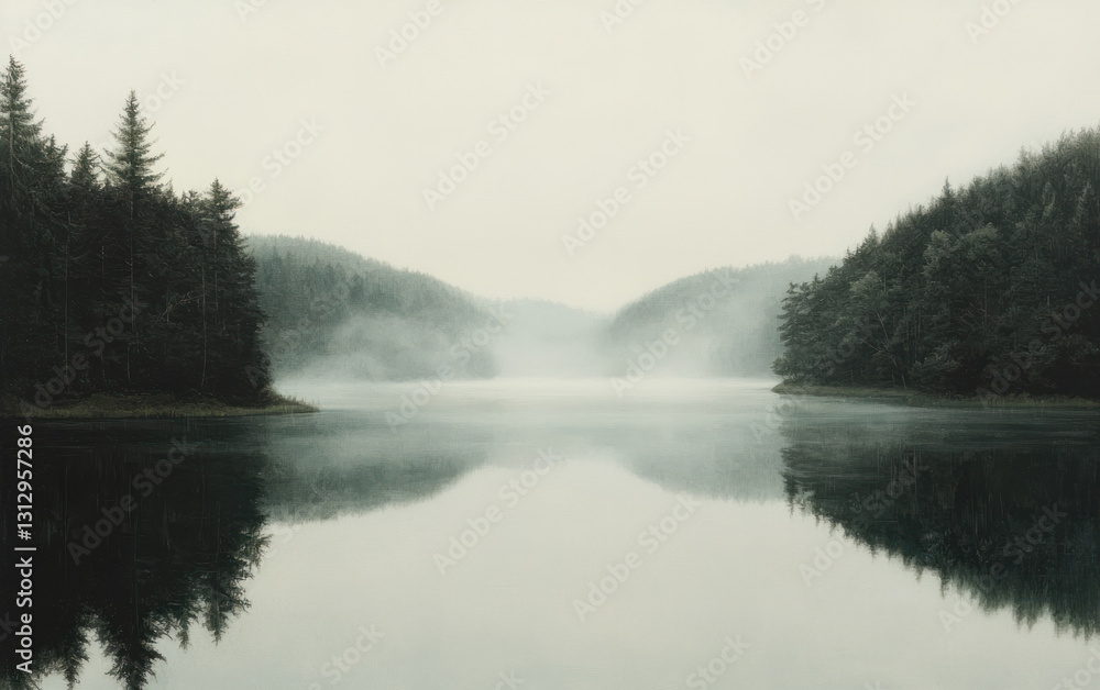 Fototapeta premium Misty Lake Landscape With Dark Green Hills And Water Reflection