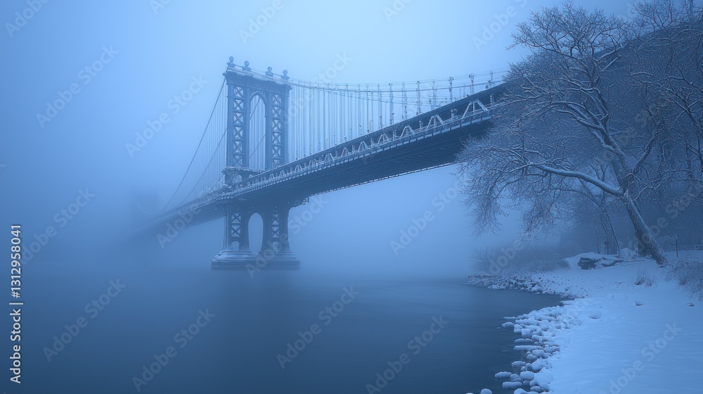 Manhattan Bridge in Winter Fog with Snowy Shores and Water Manhattan Bridge in Winter Fog with Snowy Shores and Water