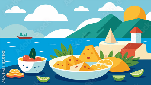 The flavors of the Mediterranean come alive at a seaside cheese tasting featuring tangy feta ed olives and crunchy pita chips.. Vector illustration