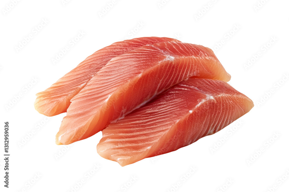 Three pieces of raw fish are displayed on a white background, isolated Three pieces of raw fish are displayed on a white background, isolated