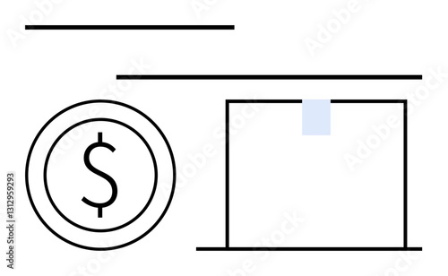 Dollar coin with symbol indicating currency value beside a taped box symbolizing shipping or delivery. Ideal for finance, e-commerce, shipping, trade, logistics, retail, minimalism. Flat simple