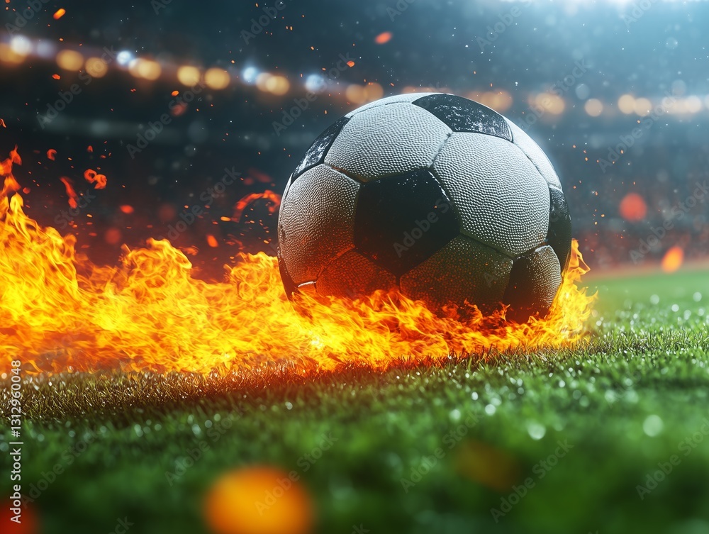 Fototapeta premium Team is on fire. Burning flame ball on fire on a field,the frenzied energy of the sport, the power of impact, love of fans.