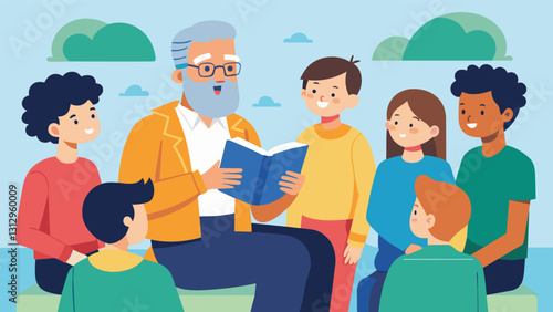 An older man mentoring a group of teenagers at a youth center sharing life lessons and offering guidance from his years of experience.. Vector illustration