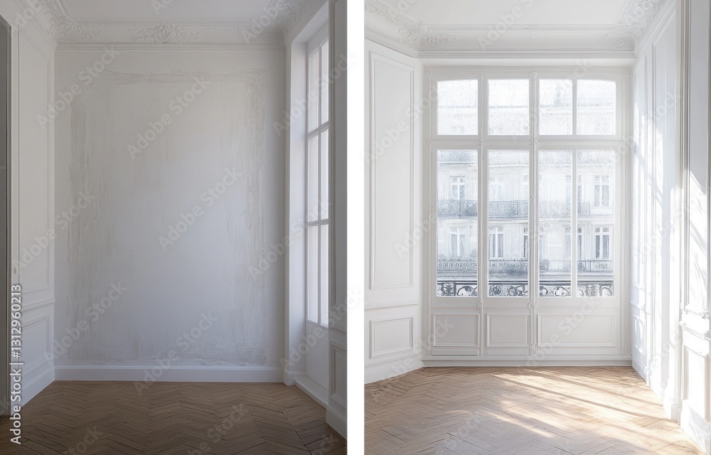 Two empty rooms with white walls, hardwood floors, and large windows, showcasing different interior design styles. Two empty rooms with white walls, hardwood floors, and large windows, showcasing different interior design styles.