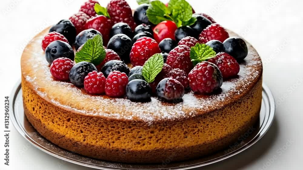 Delightful fruit-topped cake adorned with mint leaves and powdered sugar on a silver platter Delightful fruit-topped cake adorned with mint leaves and powdered sugar on a silver platter
