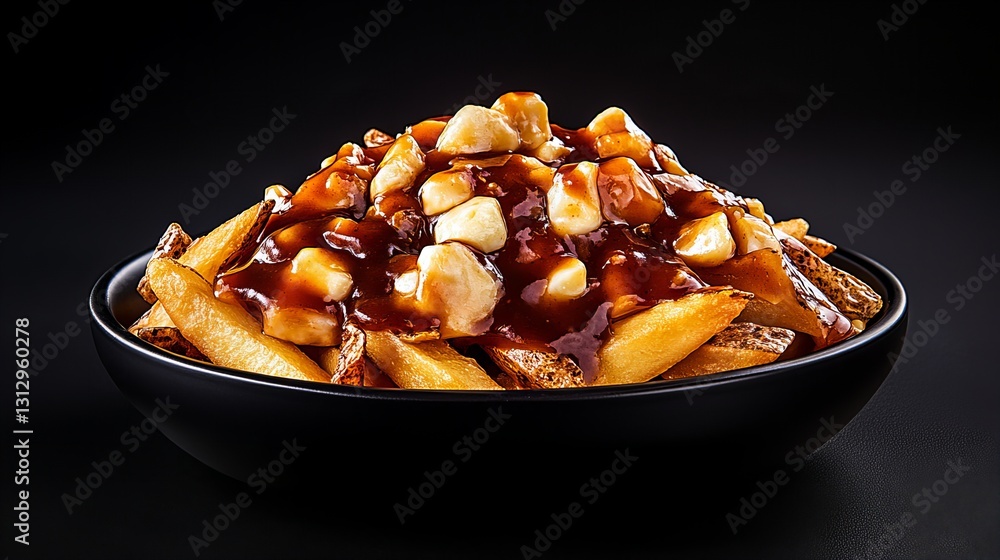 A delicious bowl of poutine, featuring crispy fries, creamy cheese curds, and rich gravy. A classic comfort food. A delicious bowl of poutine, featuring crispy fries, creamy cheese curds, and rich gravy. A classic comfort food.