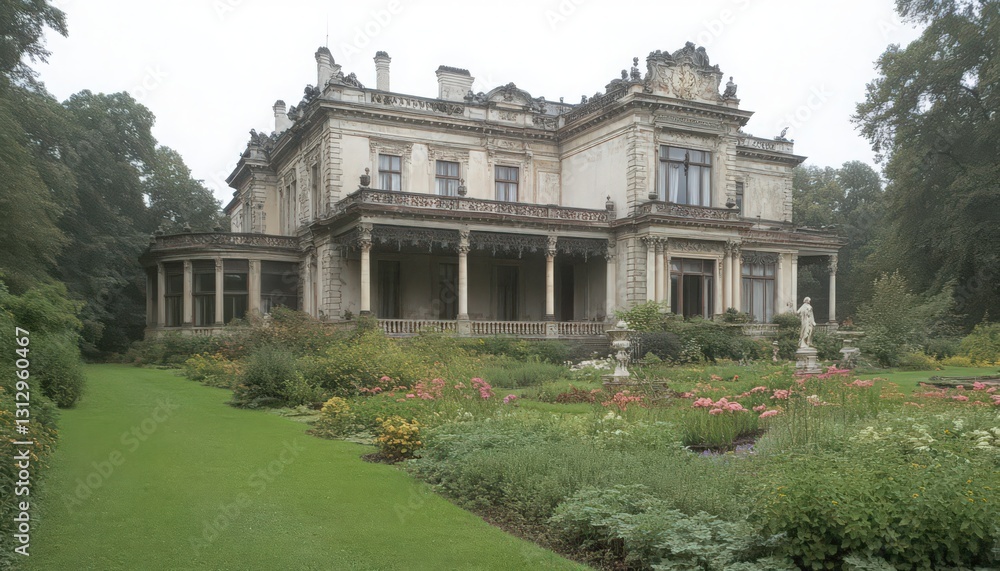Naklejka premium Grand Stone Mansion with Lush Gardens on an Overcast Day