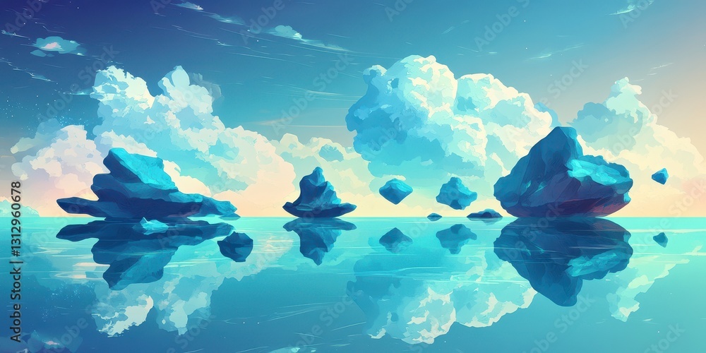 Fototapeta premium Floating blue rocks and clouds reflected on tranquil water surface