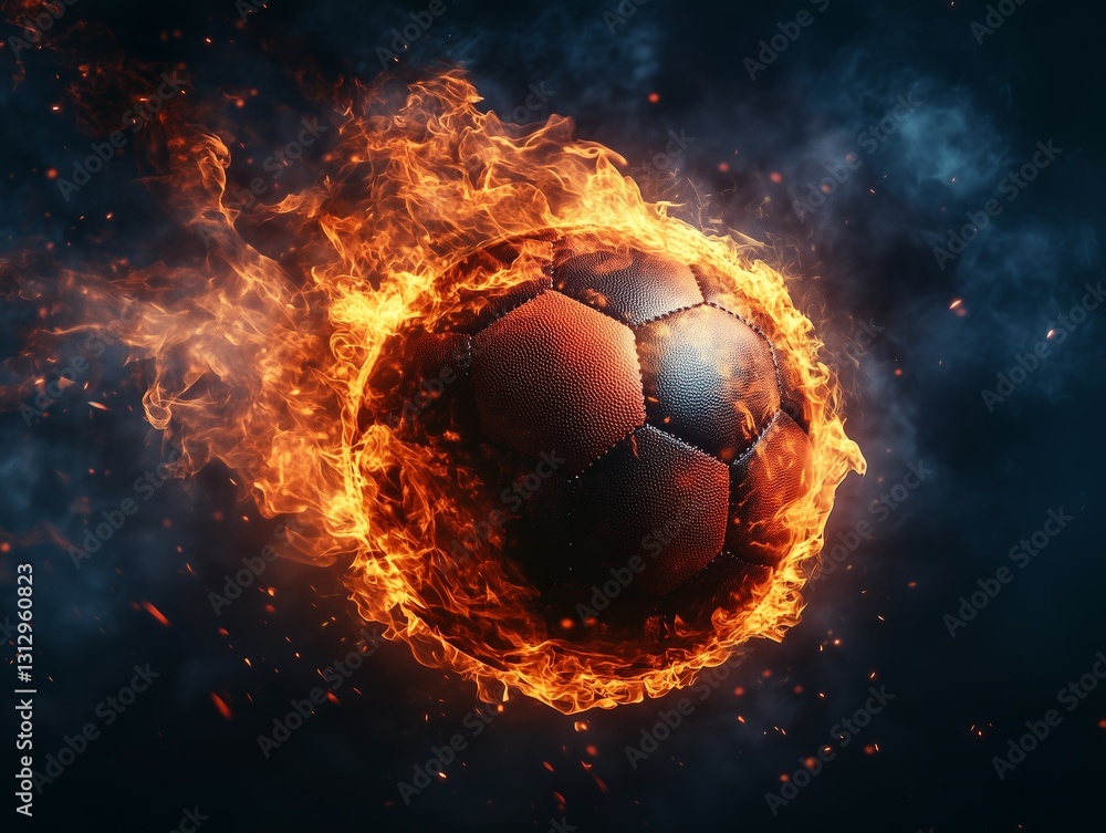 Fototapeta premium Team is on fire. Burning flame ball on fire on a field,the frenzied energy of the sport, the power of impact, love of fans.