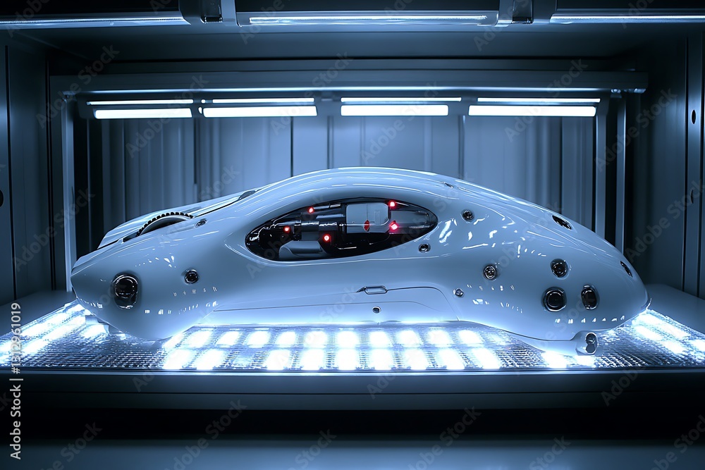 Fototapeta premium Futuristic White Car in a Modern Technological Chamber