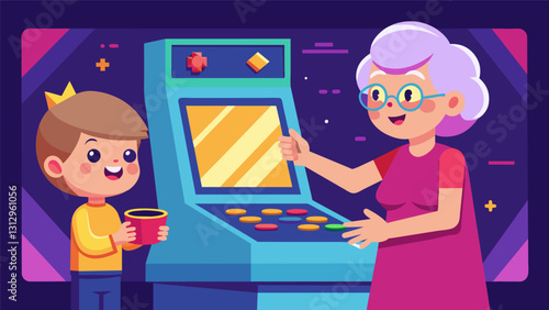 At a gaming station a grandmother impresses her grandkids with her skills in a classic arcade game proving that age is no barrier when it comes to technology.. Vector illustration