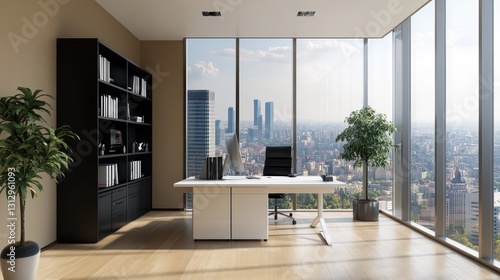 Modern office with city view, workspace, productivity photo