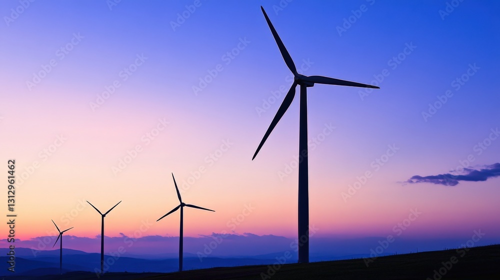 Silhouetted wind turbines against a vibrant sunset sky over rolling hills, symbolizing renewable energy