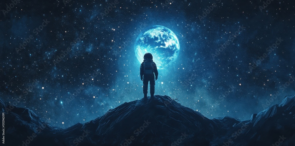 Fototapeta premium An astronaut stands on a mountain with a big celestial body