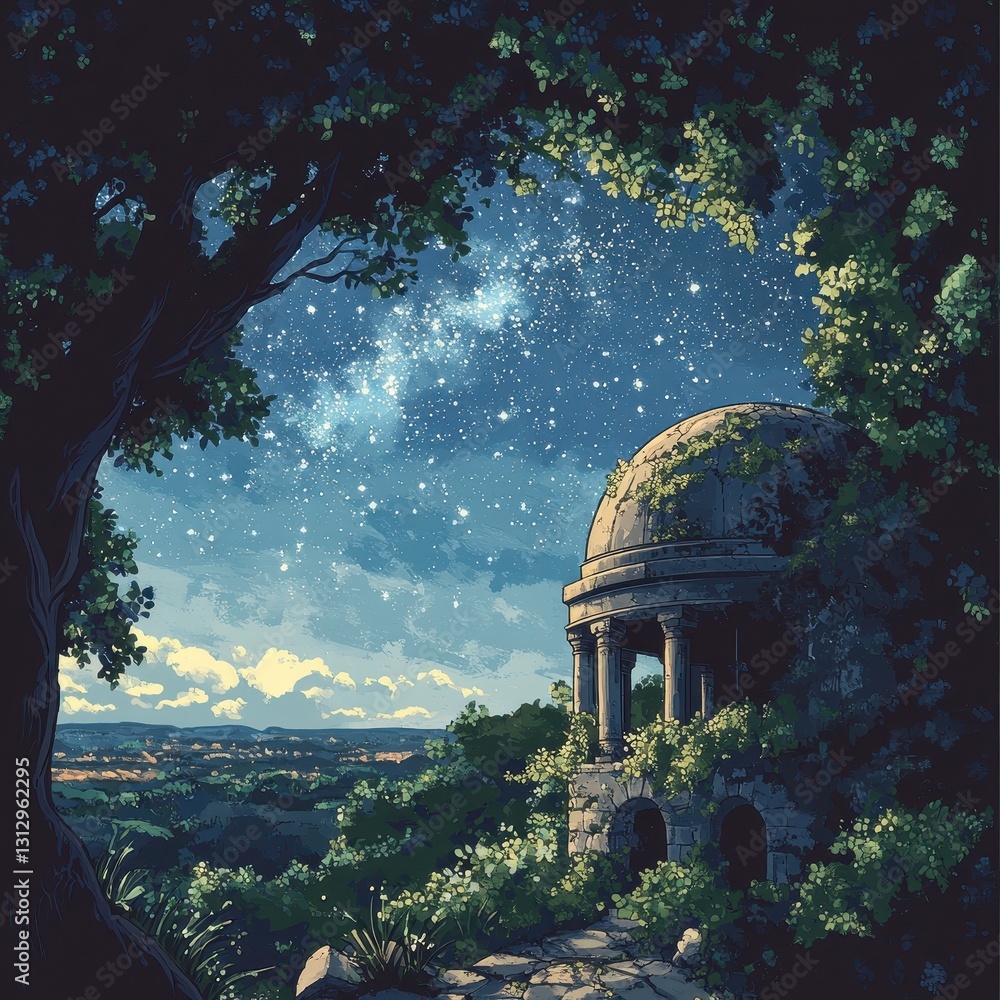 Obraz premium A nighttime landscape featuring a starry sky and a stone structure