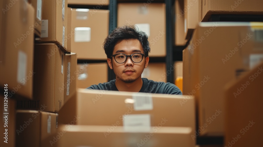 Warehouse Worker Amidst Cardboard Boxes Warehouse Worker Amidst Cardboard Boxes