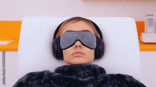 Blonde Woman in Ketamine Therapy Reclining with Eye Mask and Headphones