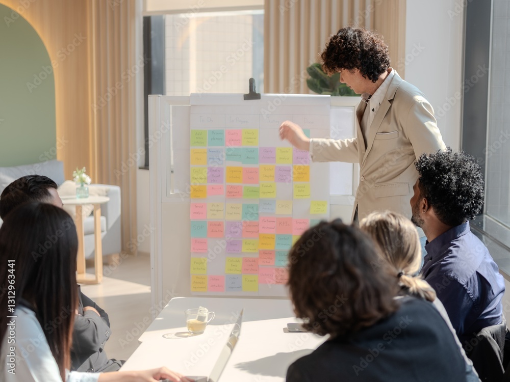 Team Brainstorming Session in Modern Office with Whiteboard