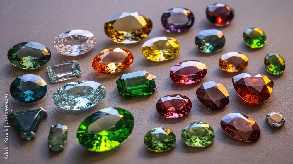 An assortment of precision-cut gems displayed alongside raw, uncut stones for comparison. An assortment of precision-cut gems displayed alongside raw, uncut stones for comparison.