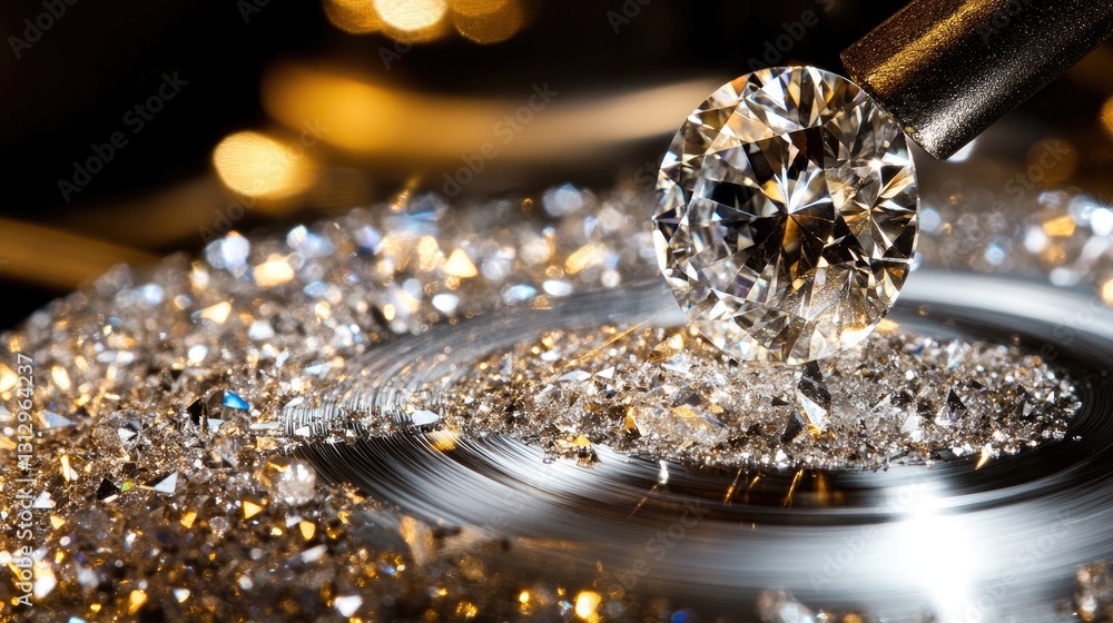 A brilliant-cut diamond being polished on a high-speed rotating gem-cutting wheel. A brilliant-cut diamond being polished on a high-speed rotating gem-cutting wheel.