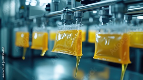 Automated Liquid Filling Machine: Filling Pouches on Conveyor Belt