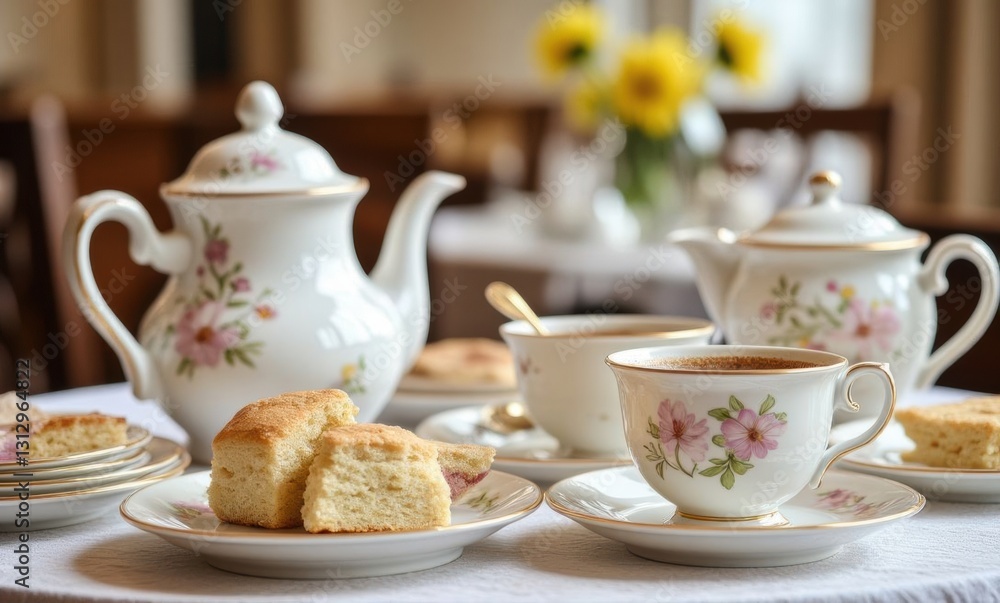 Tea set with scones and flowers Tea set with scones and flowers