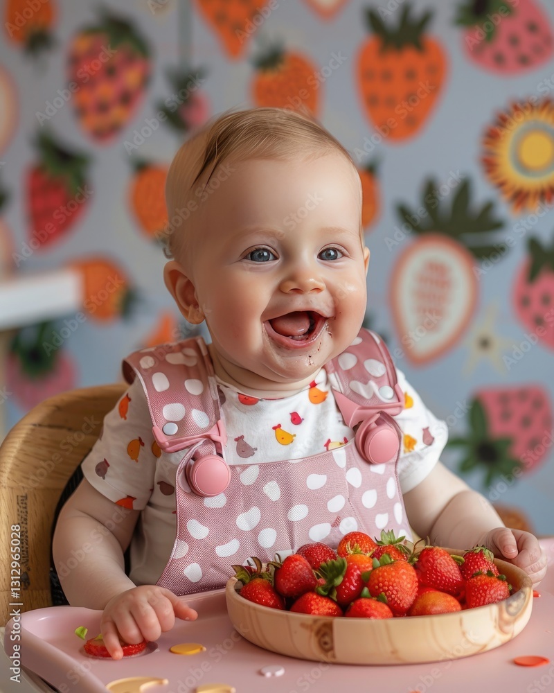 background of happiness of cute baby eating by sitting at baby dining table Generate AI background of happiness of cute baby eating by sitting at baby dining table Generate AI