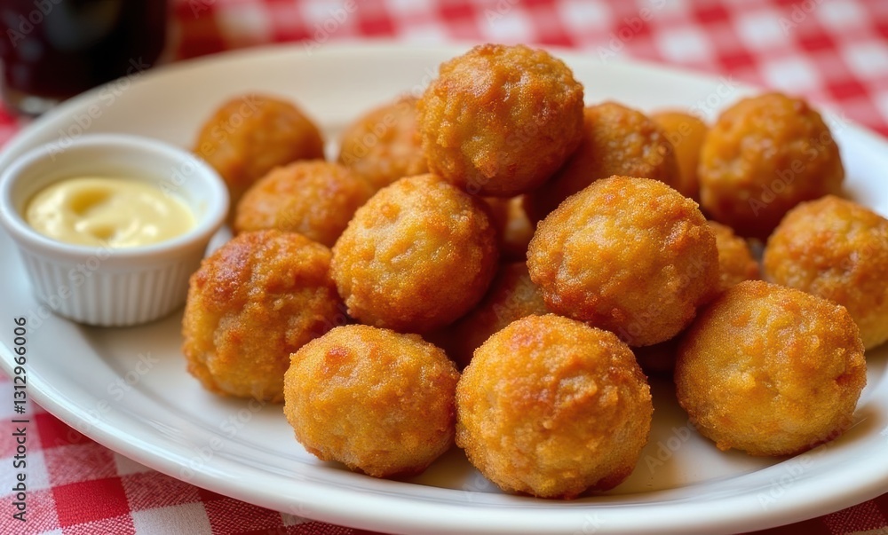 Golden corn fritters with dipping sauce Golden corn fritters with dipping sauce
