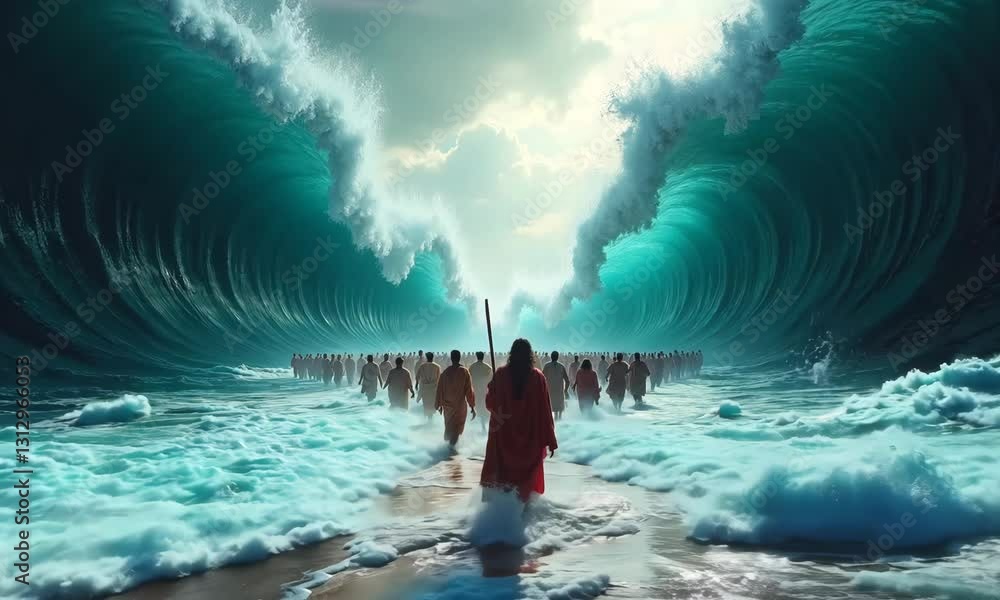 Parting of the Red Sea, Moses, wearing a red robe and holding a staff ...