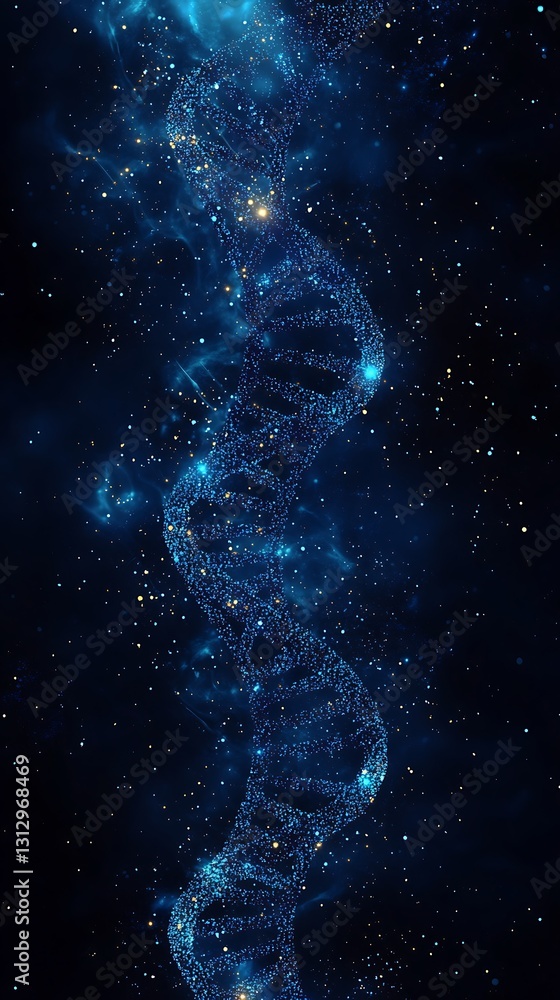 A glowing DNA strand floating in a dark starry background