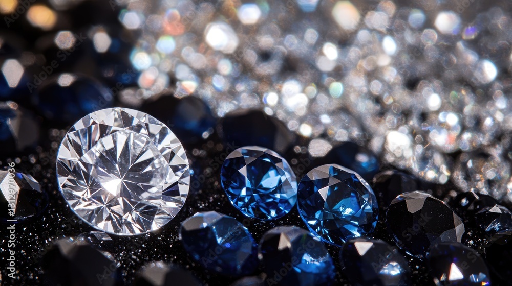 Close-up of a gemstone store counter with loose diamonds and sapphires on display. Close-up of a gemstone store counter with loose diamonds and sapphires on display.