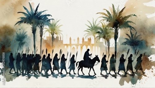 Palm Sunday, Jesus triumphal entry into Jerusalem. Jesus Christ riding a donkey and people celebrating with palm trees