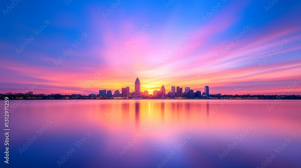 Naklejka premium City skyline reflects into the calm water during the sunset