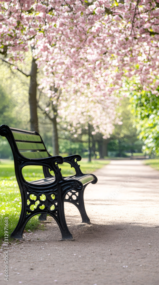 Metal bench placed at the side of a path in a park with blooming cherry trees during a sunny spring day Metal bench placed at the side of a path in a park with blooming cherry trees during a sunny spring day