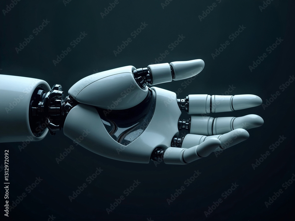A robotic hand is raised in the air, with its fingers spread wide A robotic hand is raised in the air, with its fingers spread wide