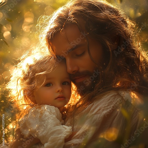 Wallpaper Mural Jesus Christ gently holding a child in a loving embrace, symbolizing care and guidance, or a touching scene of a father and son bonding.

 Torontodigital.ca