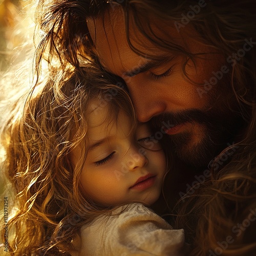 Jesus Christ gently holding a child in a loving embrace, symbolizing care and guidance, or a touching scene of a father and son bonding.

