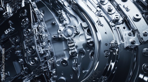 Intricate shiny metal mechanisms and complex structural arrangements shown