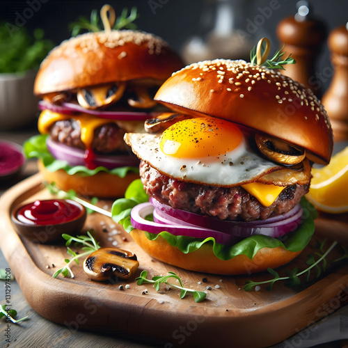  Side view, close up,Two homemade beef burgers with mushrooms, micro greens, red onion, fried eggs