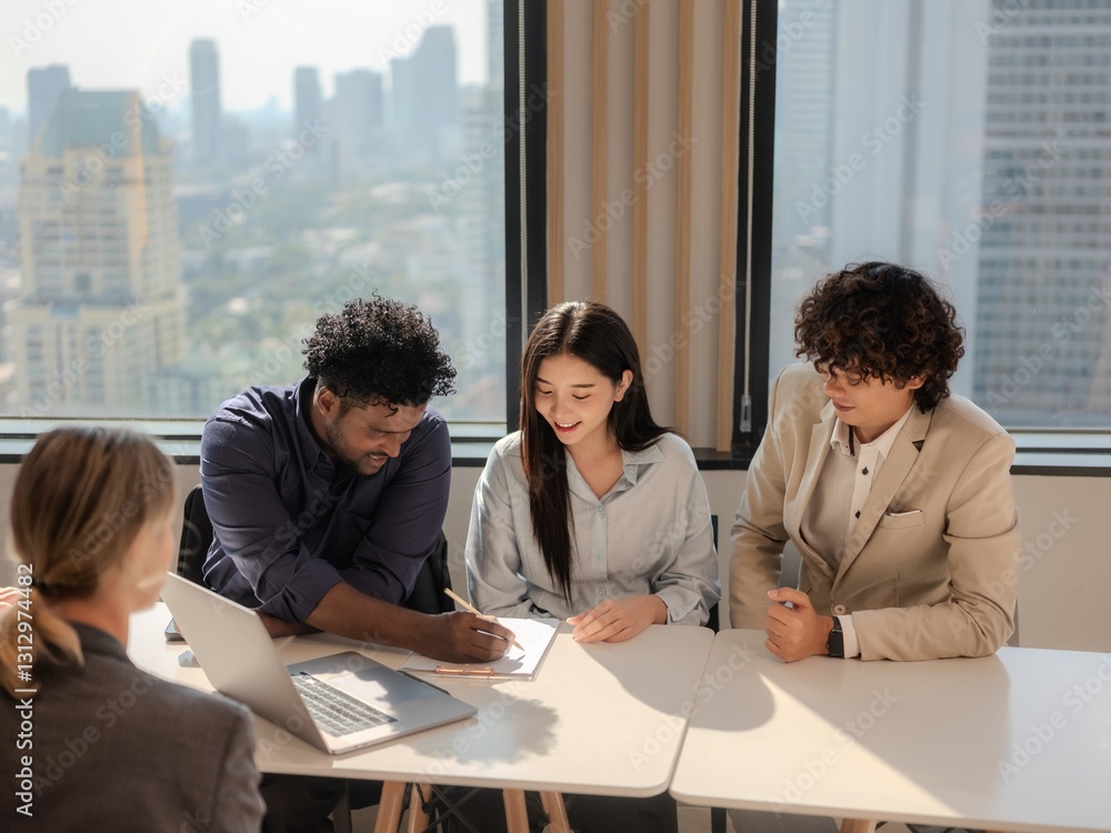 Business Professionals Collaborating in Office with City View