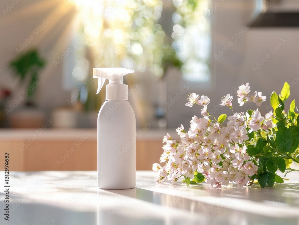 Clean white spray bottle and delicate flower arrangement create a refreshing, light-filled scene on a kitchen counter, bathed in sunlight. Clean white spray bottle and delicate flower arrangement create a refreshing, light-filled scene on a kitchen counter, bathed in sunlight.
