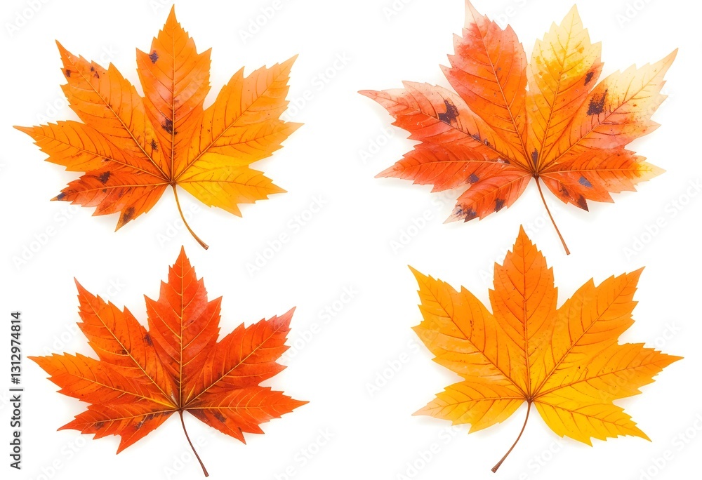 Fototapeta premium Set of 4 colorful autumn leaves in different shapes and shades of orange, red, and yellow. Creates a warm and cozy seasonal vibe.