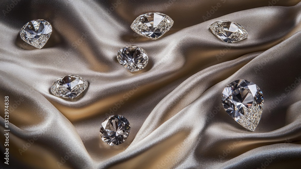 Elegant diamonds displayed on a silk cushion with soft glowing ambient lighting. Elegant diamonds displayed on a silk cushion with soft glowing ambient lighting.