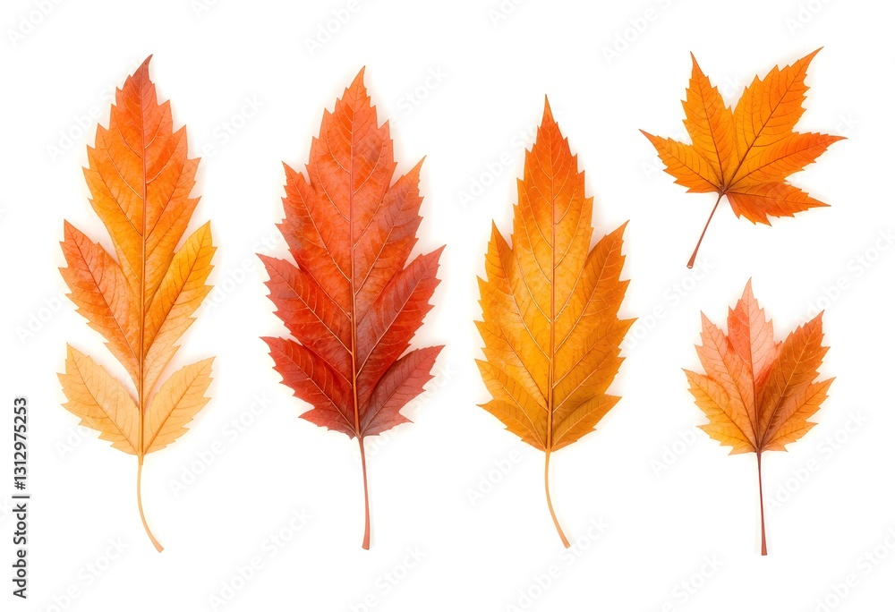 Set of 4 colorful autumn leaves in different shapes and shades of orange, red, and yellow. Creates a warm and cozy seasonal vibe. Set of 4 colorful autumn leaves in different shapes and shades of orange, red, and yellow. Creates a warm and cozy seasonal vibe.